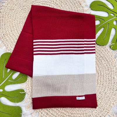 Manta de Linha Listrada - Vermelho, Branco e Areia